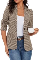 ELLEVEN 2025 Women's Houndstooth Plaid Blazers with Embroidered Collar, Business Casual Work Office Jacket with Pockets - Image 2