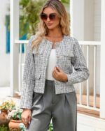 Cropped Tweed Blazer Jackets for Women Elegant Slim Collarless Business Casual Outfits - Image 6