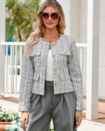 Cropped Tweed Blazer Jackets for Women Elegant Slim Collarless Business Casual Outfits - Image 5