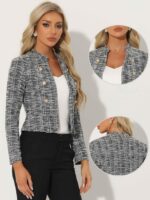 Allegra K Vintage Tweed Jackets for Women's Stand Collar Business Open Front Cropped Blazer Jacket - Image 3