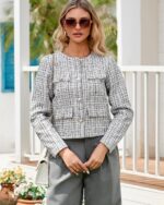 Cropped Tweed Blazer Jackets for Women Elegant Slim Collarless Business Casual Outfits - Image 4