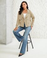LookbookStore Cropped Trench Coat for Women Double Breasted Long Sleeve Work Office Business Casual Fall Short Jackets - Image 7