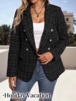 Mina Self 2025 Fall Women's Tweed Plaid Blazer Jacket - Fully Lined Fashion Business Casual Lapel Elegant Coat with Pockets - Image 5