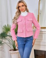 Women's Tweed Blazers Jackets Casual Long Sleeve Button Down Business Short Casual Cropped Coats - Image 5