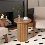 Farmhouse Pedestal End Table Round Side Table with Fluted Panel Rustic Drink Table for Small Space Living Room (Walnut) - Image 6