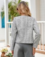 Cropped Tweed Blazer Jackets for Women Elegant Slim Collarless Business Casual Outfits - Image 7