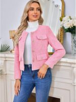 Women's Tweed Blazers Jackets Casual Long Sleeve Button Down Business Short Casual Cropped Coats - Image 3