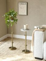 Adjustable-Height Marble Drink Table - 10x10x22-30, White Marble & Antique Brass, Modern Round End Table, Side Table with Pedestal Stand for Small Spaces, Vintage Metal Martini Cocktail Accent - Image 5