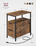 VASAGLE Side Table with Charging Station, Narrow End Table with 2 Drawers, Slim Nightstand and Bedside Table with Storage, for Small Spaces, Rustic Brown + Black - Image 4