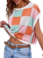 Saodimallsu Womens Cap Sleeve Crop Tops Summer Color Block Going Out Crew Neck Knit Trendy Casual Sweater - Image 4