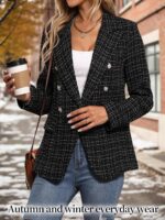 Mina Self 2025 Fall Women's Tweed Plaid Blazer Jacket - Fully Lined Fashion Business Casual Lapel Elegant Coat with Pockets - Image 3
