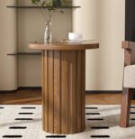Farmhouse Pedestal End Table Round Side Table with Fluted Panel Rustic Drink Table for Small Space Living Room (Walnut) - Image 7
