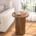Farmhouse Pedestal End Table Round Side Table with Fluted Panel Rustic Drink Table for Small Space Living Room (Walnut) - Image 2
