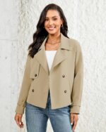 LookbookStore Cropped Trench Coat for Women Double Breasted Long Sleeve Work Office Business Casual Fall Short Jackets - Image 4