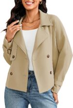 LookbookStore Cropped Trench Coat for Women Double Breasted Long Sleeve Work Office Business Casual Fall Short Jackets - Image 2