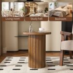 Farmhouse Pedestal End Table Round Side Table with Fluted Panel Rustic Drink Table for Small Space Living Room (Walnut) - Image 9