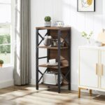 Small Bookshelf,4 Tier Industrial Bookcase with Metal Frame and Backboard,Narrow Rustic Brown Book Shelf,Book case for Small Spaces,Living Room,Bedroom and Home Office - Image 5