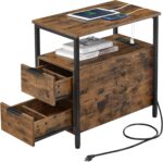 VASAGLE Side Table with Charging Station, Narrow End Table with 2 Drawers, Slim Nightstand and Bedside Table with Storage, for Small Spaces, Rustic Brown + Black - Image 2