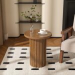 Farmhouse Pedestal End Table Round Side Table with Fluted Panel Rustic Drink Table for Small Space Living Room (Walnut) - Image 8