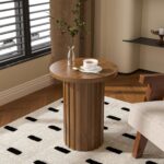 Farmhouse Pedestal End Table Round Side Table with Fluted Panel Rustic Drink Table for Small Space Living Room (Walnut) - Image 4