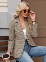 ELLEVEN 2025 Women's Houndstooth Plaid Blazers with Embroidered Collar, Business Casual Work Office Jacket with Pockets - Image 6