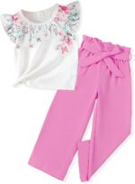 Toddler Kid Girl Clothes Casual Ruffle Sleeve Floral Printed Top Solid Pants with Belt 3PC Outfit Set - Image 2