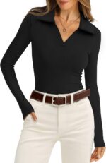 WIHOLL Womens Polo Shirts Long Sleeve Business Casual Tops Collared V Neck Ribbed Knit Sweater Slim Fit Blouses - Image 2
