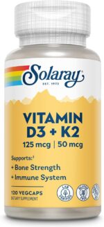 SOLARAY Vitamin D3 K2 - Bone Health and Immune Support Supplement - With 5000 IU Vitamin D as Vit D3 and 50 mcg Vitamin K2 as Menoquinone MK7, Made Without Soy, 60-Day Guarantee, 120 Serv, 120 VegCaps - Image 2