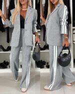 CHICME 2025 Womens Two Piece Outfits Striped Side Button Blazer and Pants with Pockets Sets Business Casual Pant Suits Set - Image 7