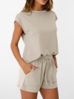 AUTOMET Womens Crew Neck Two Piece short Sets Cap Sleeve Drawstring Summer Sweatsuit with Pocket - Image 4
