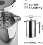Secura French Press Coffee Maker, 304 Grade Stainless Steel Insulated Coffee Press with 2 Extra Screens, 17oz (0.5 Litre), Silver - Image 6