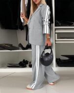 CHICME 2025 Womens Two Piece Outfits Striped Side Button Blazer and Pants with Pockets Sets Business Casual Pant Suits Set - Image 4