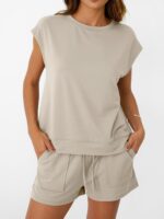 AUTOMET Womens Crew Neck Two Piece short Sets Cap Sleeve Drawstring Summer Sweatsuit with Pocket - Image 6