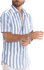 JMIERR Men's Casual Stylish Short Sleeve Button-Up Striped Dress Shirts Cotton Beach Shirt - Image 3