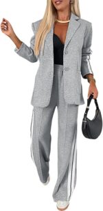 CHICME 2025 Womens Two Piece Outfits Striped Side Button Blazer and Pants with Pockets Sets Business Casual Pant Suits Set - Image 2