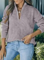 Dokotoo Womens Sweaters Long Sleeve 1/4 Zip Pullover Polo V Neck Dressy Casual Tops - Image 5