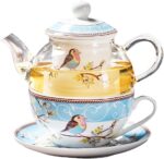 Jusalpha Glass Teapot with a Fine China Infuser Strainer, Cup and Saucer Set,Teapot and Teacup for One, Tea for one #05 (Blue) - Image 2