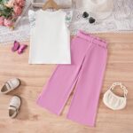 Toddler Kid Girl Clothes Casual Ruffle Sleeve Floral Printed Top Solid Pants with Belt 3PC Outfit Set - Image 8
