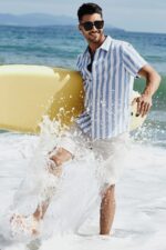 JMIERR Men's Casual Stylish Short Sleeve Button-Up Striped Dress Shirts Cotton Beach Shirt - Image 6