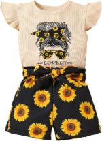 Kid Toddler Girl Clothes Summer Ruffle Sleeve Figure Graphic Tee Shirt + Shorts Summer Outfits Set - Image 2