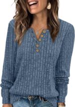 MixShe Womens Henley Sweaters 2025 Fall Winter Ribbed Knit V Neck Button Pullover Long Sleeve Tops - Image 2