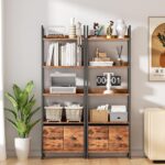 Furologee 5-Tier Bookshelf, Tall Bookcase with 2 Storage Drawers, Adjustable Industrial Display Standing Shelf Units, Wood and Metal Storage Rack for Living Room, Bedroom, Home Office Rustic Brown - Image 8