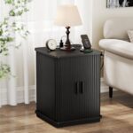 ONBRILL Square End Table with Storage & Charging Station, Fluted Accent Side Table with Sliding Door & Sturdy Pedestal, Mid-Century Modern Nightstand for Small Space, Living Room, Bedroom, Black - Image 2