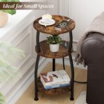Round Side Table with Power Outlet & USB Ports, 3-Tier End Table with Storage Shelf, Modern Rustic Nightstand, Small Spaces Accent Table for Living Room Bedroom, Easy Assembly, Rustic Brown - Image 5