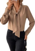 Astylish Womens Dressy Casual Blouses Bow Tie Neck Long Sleeve Elegant Business Work Shirt Tops - Image 2