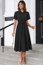 Newshows Womens Wear to Work Teacher Business Casual Outfits Long Dresses Tie Waist Shirt Dress Attire with Pockets - Image 3