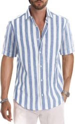 JMIERR Men's Casual Stylish Short Sleeve Button-Up Striped Dress Shirts Cotton Beach Shirt - Image 2