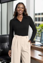 WIHOLL Womens Polo Shirts Long Sleeve Business Casual Tops Collared V Neck Ribbed Knit Sweater Slim Fit Blouses - Image 3