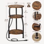 Round Side Table with Power Outlet & USB Ports, 3-Tier End Table with Storage Shelf, Modern Rustic Nightstand, Small Spaces Accent Table for Living Room Bedroom, Easy Assembly, Rustic Brown - Image 4