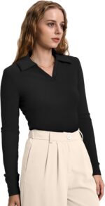 WIHOLL Womens Polo Shirts Long Sleeve Business Casual Tops Collared V Neck Ribbed Knit Sweater Slim Fit Blouses - Image 4